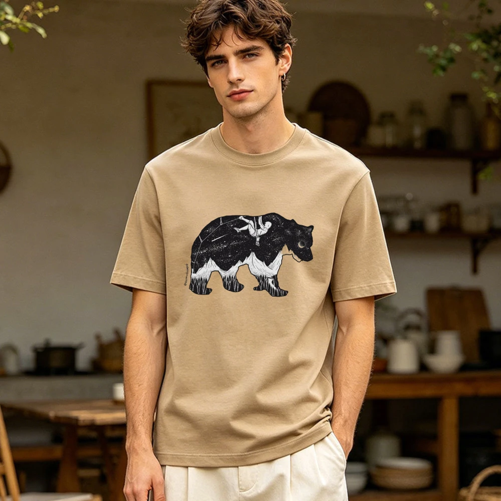 Ring Bear Silhouette Mountain Landscape Starry Sky Black White Animal Art Nature Theme Crewneck Unisex Short Sleeve