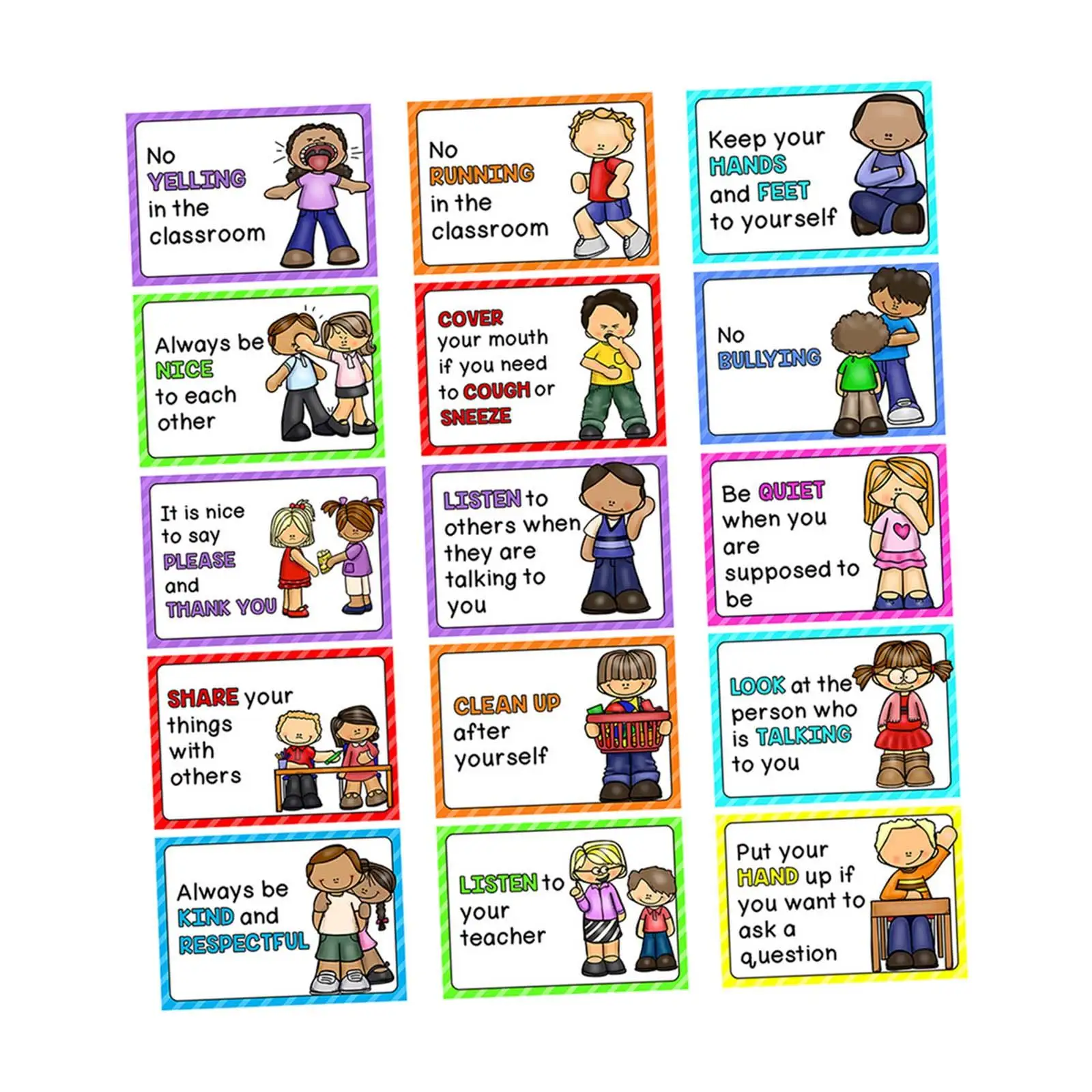 15x قواعد الفصول الدراسية الإنجليزية الملصقات لمعايير السلوك لمرحلة ما قبل المدرسة عرض المسيل للدموع أدوات التدريس زينة الجدران