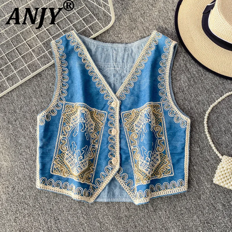 

ANJY New Women Waistcoat Woven Embroidered V-Neck Single Breasted Contrast Color Elegant High Street Ins Short Denim Tops A10165