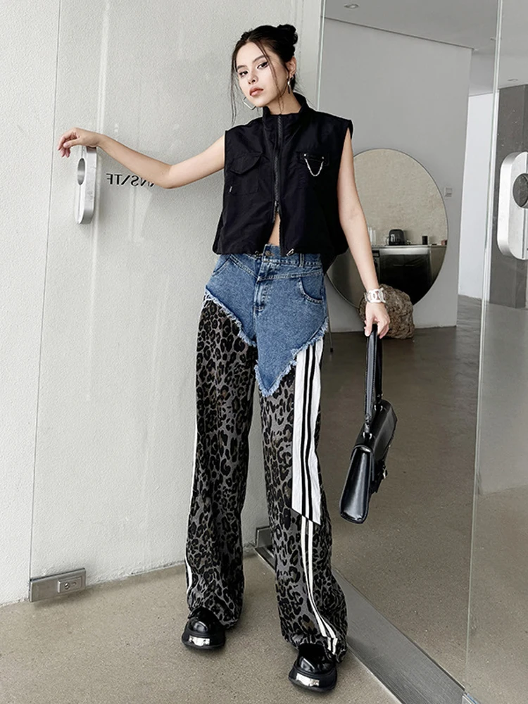 NYFS 2024 Summer New European American Street Woman Trendy Jeans Loose Plus size Elastic Waist Denim leopard Patchwork Trousers