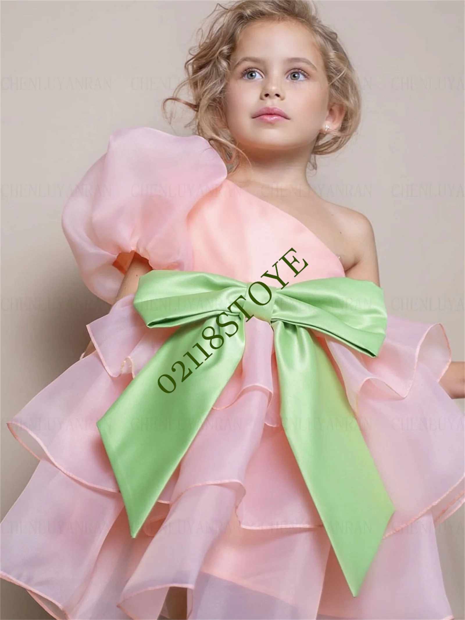 

Pink Organza Flower Girl Dress Knee-Length Cute Girls Princess Wedding Party Dress Bow A-Line Puffy First Communion Gown Dress