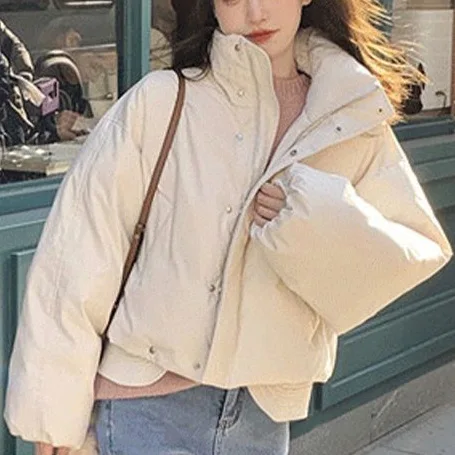 

Korean Style Stand Collar Lightweight Cotton Jacket White Versatile Small Size Loose Bread Style Outerwear Trendy Ins
