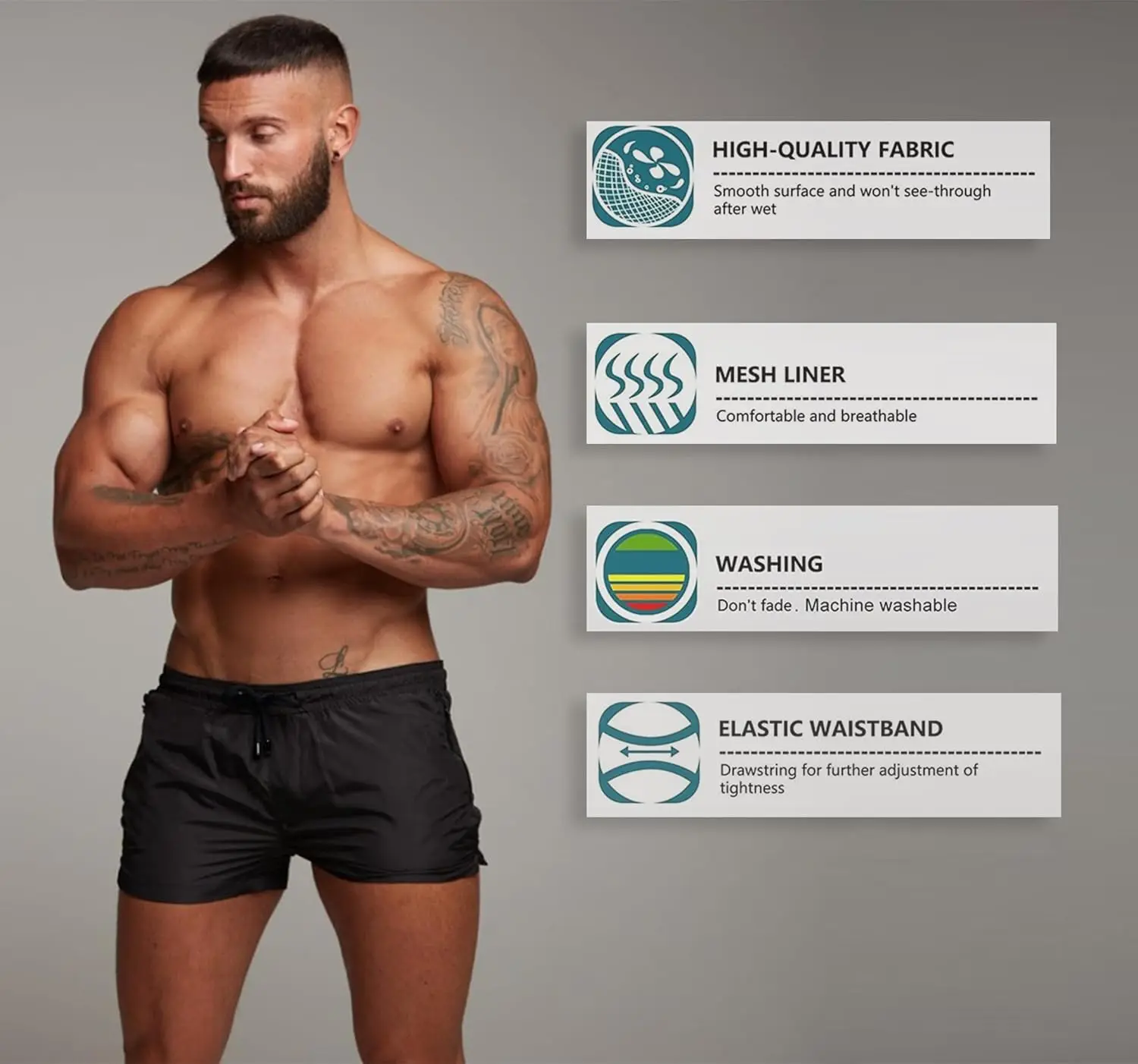 Mens Swim Trunks Quick Dry Swimwear Zipper Pockets, Swim Shorts With Mesh Lining