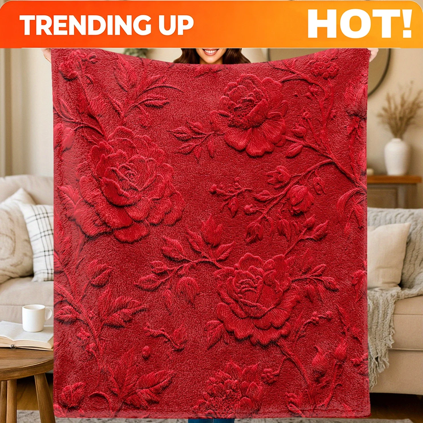 Customize Flannel Blanket, 2D Printed Floral Embossed Sling Red Accessory Throw, Birthday/Holiday Gift, Multi-Use for Sofa/Bed/C