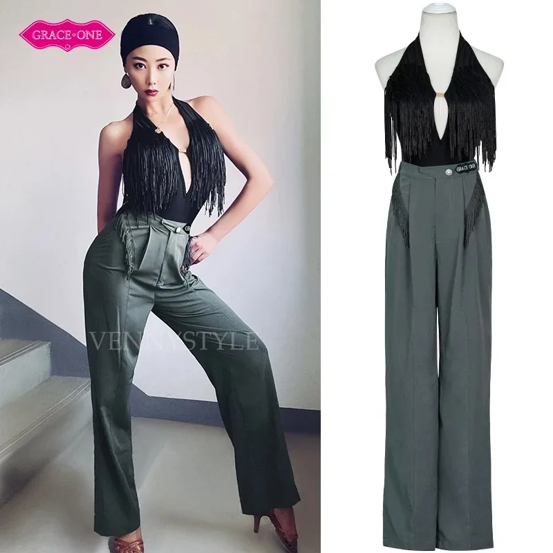 

Vennystyle Latin Dance Two Piece Set Fringe Top with Deep V Halter & Open Back Plus Plain Practice Pants ballroom dance Trousers