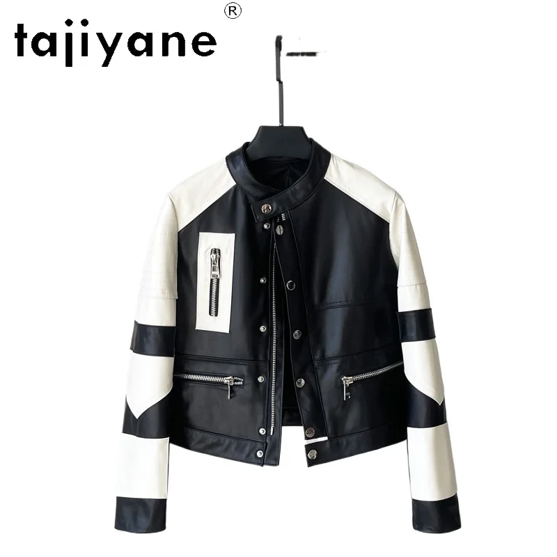 TAJIYANE Genuine Sheepskin Leather Jacket Woman Fashion Color Block Biker Coat Stand Collar Short Moto Jacket Women Clothes 2026