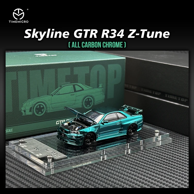 TM In Stock 1:64 Skyline GTR R34 Z TUNE Chrome Green Carbon Hood Diecast Diorama Car Model Time TOP Micro