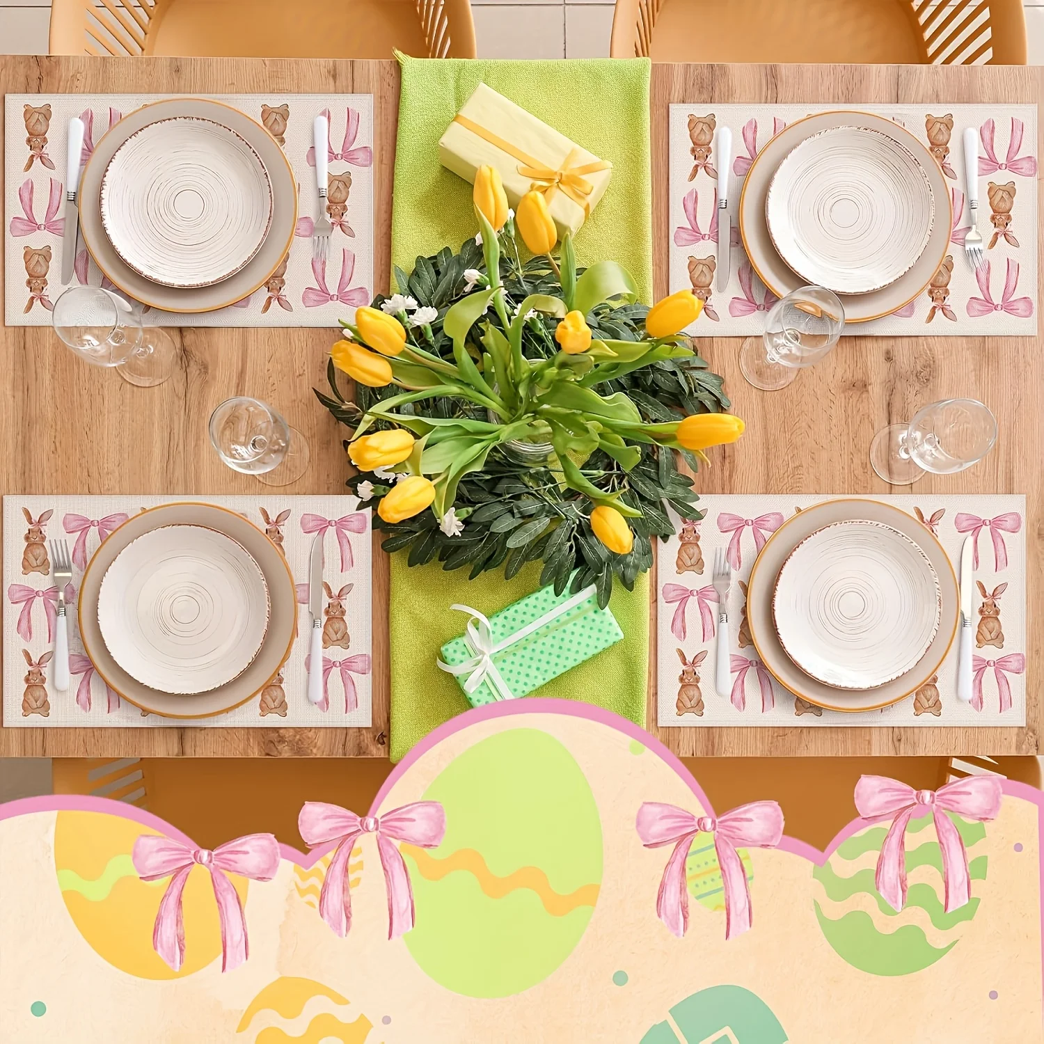 Reusable Pastel Brown Rabbit Napkin Rings with Pink Bow Suitable for Easter Bunny Table Decor Machine Washable