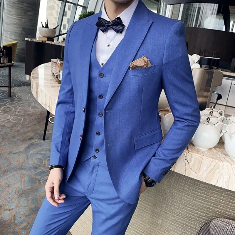 Solid Color Men Suits Blazer Terno Costume Single Breasted Notched Lapel Regular Three Piece Jacket Pants Vest Slim Fit Hombres