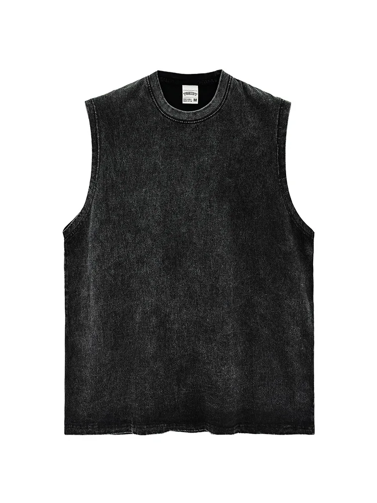 2024 New Heavyweight Washed Old Vintage Sleeveless T Loose Cotton Men's High Street Loose Bottom