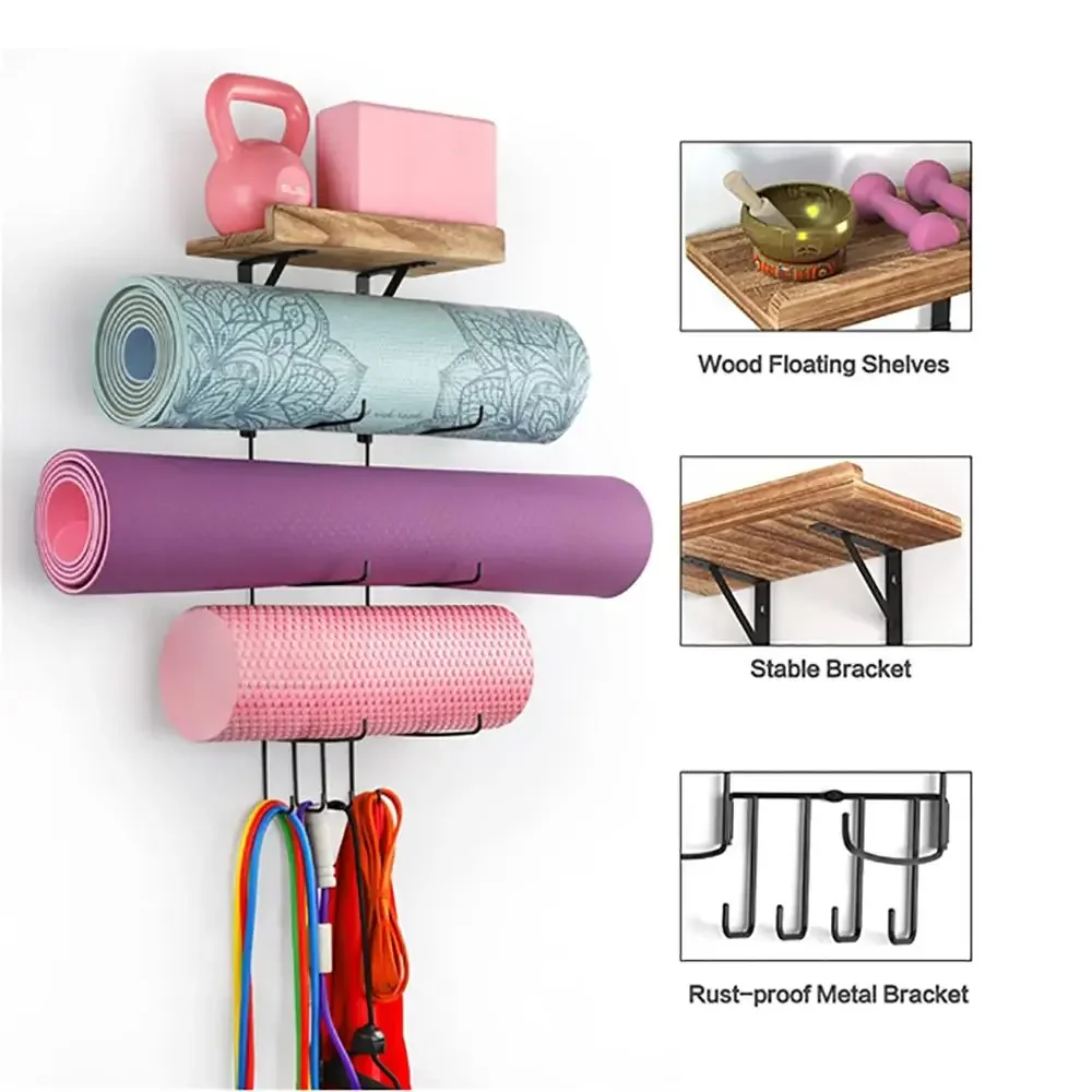 Yoga Mat Holder Accessories Wall Mount Organizer Decor Foam Roller Towel Storage Rack with 4 Hooks&Wooden Shelve