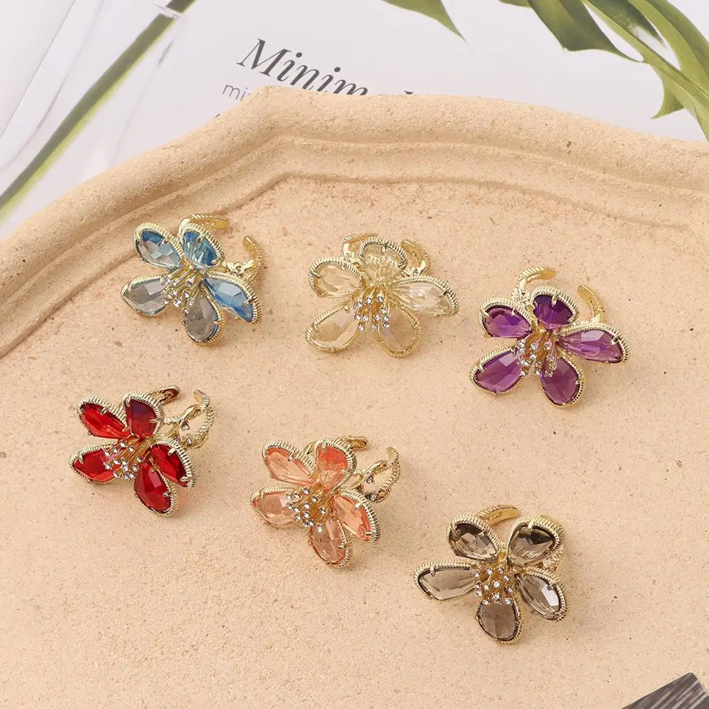 Big Flower Crystal Ring Personality Exaggerated Crystal Flower Open Adjustable Ring for Women Girl Wedding Party Jewelry Gifts