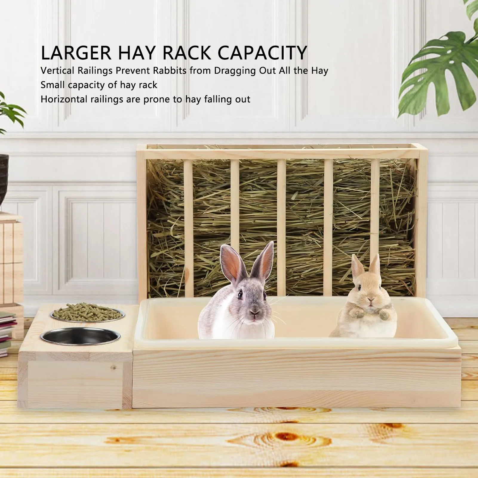 Rabbit Hay Feeder Easy To Assemble Mess Proof Wooden Food Feeding Manger Clean Multifunctional with Litter Box for Garden