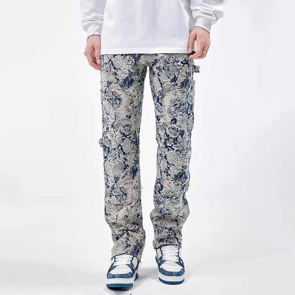 Men Jeans Jacquard Washed Cargo Casual Straight Pants Streetwear Fashion Hip Hop Retro Trend Trousers Male Men'S Clothing 2024