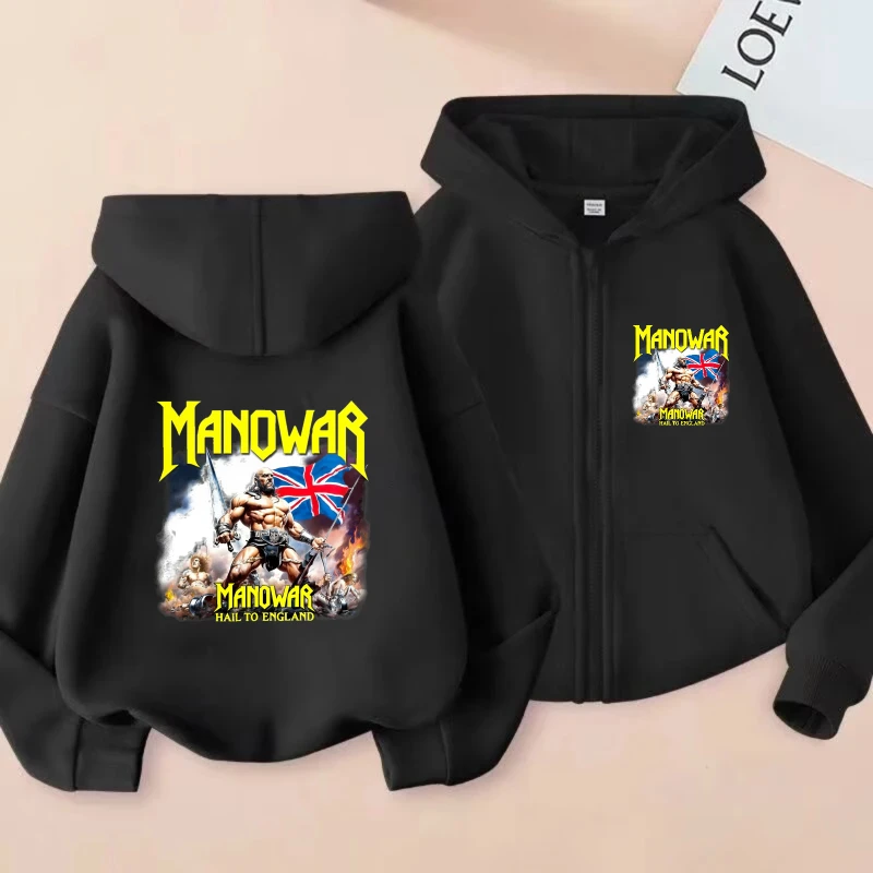 

Men's Hooded Jacket Black Manowar Hail to England Printed Band Logo Metal Music Fan Wear for Concerts and Casual Outfits