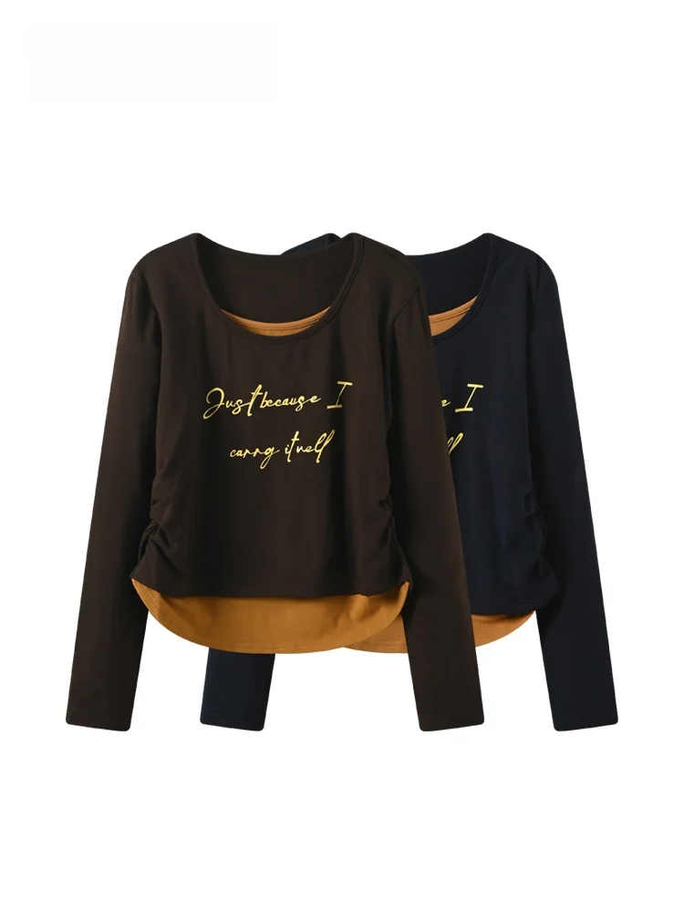 

Женская футболка большого размера с длинным рукавом, весенний дизайн, с принтом-надписью, комбинированный топ в корейском стиле, свободный крой, кардиган из полиэфирного волокна