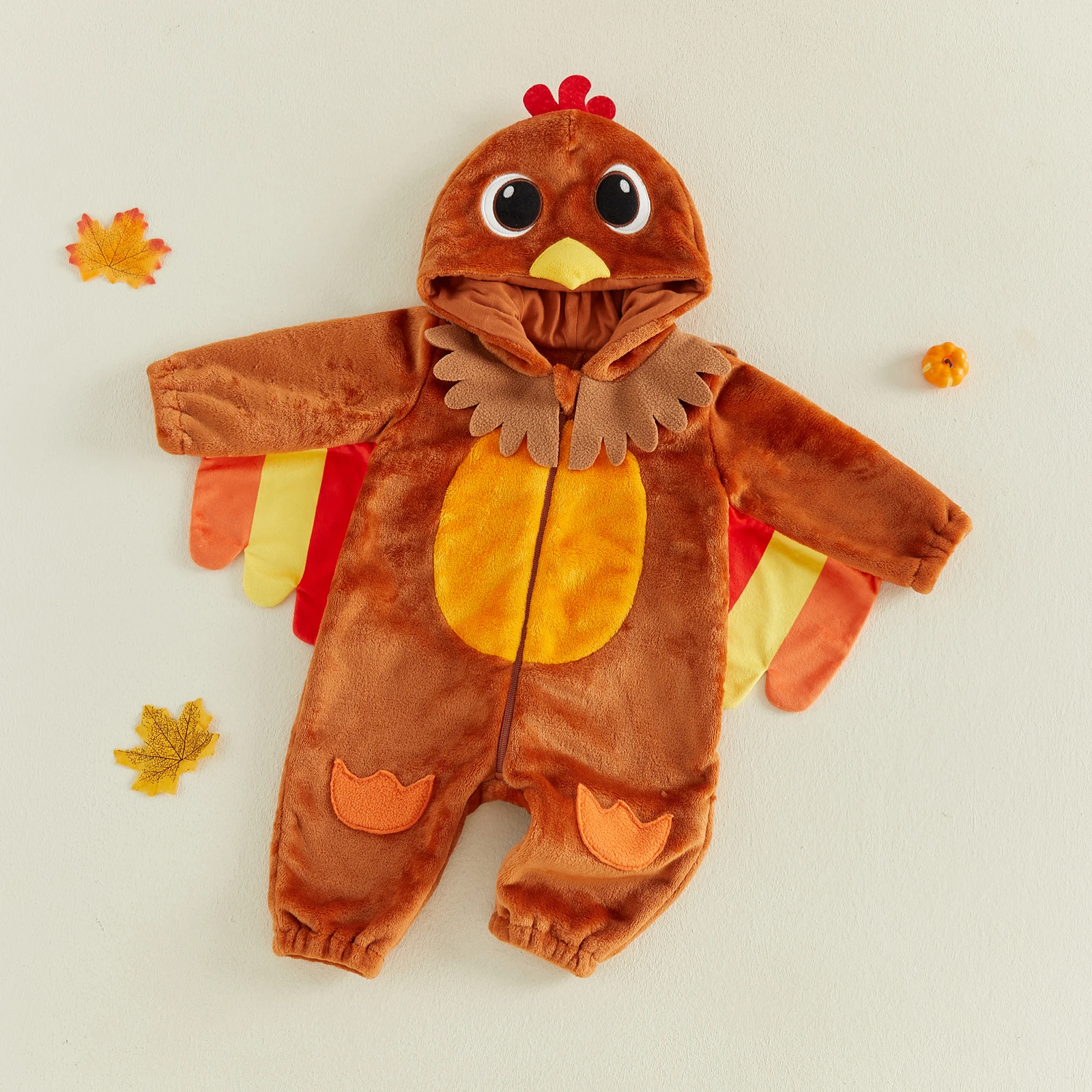 Toddler Baby Thanksgiving Romper, Zip Front Hooded Long Sleeve Infant Turkey Costume