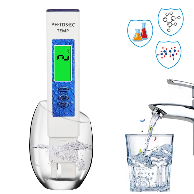 Pluma de prueba de PH, sonda de alta sensibilidad Cuatro en Uno, pluma TDS/TEMP, calibración EC de un punto para el hogar, medidor de prueba de calidad del agua