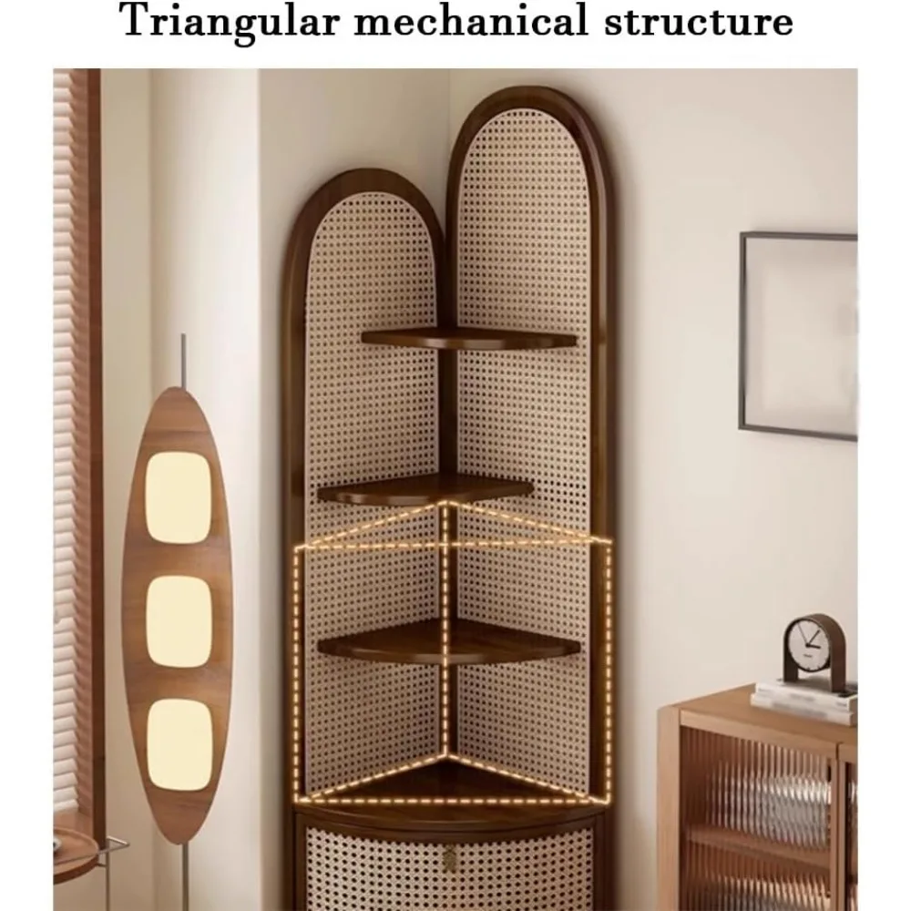 حامل رف زاوية من الروطان مع سلة تخزين، خزانة كتب على شكل مروحة، مصنوع من الروطان، مثالي لحلول تخزين غرفة النوم #4