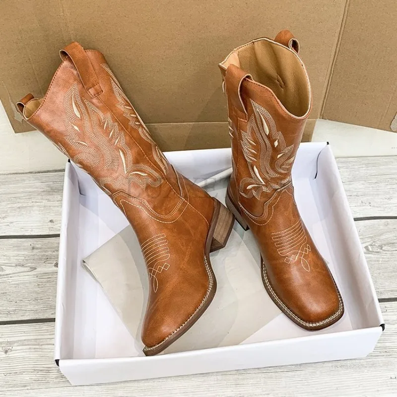 Women Embroidered Sleeves Motorcycle Knight Boots Western Cowboy V-Mouth Middle Sleeve Square Head Thick Heel Horse Boots