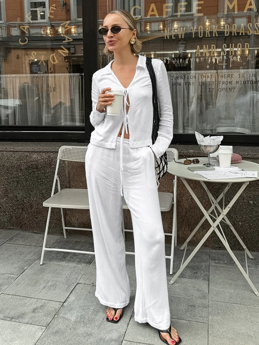 

Marthaqiqi White Ladies Pajama Suit Turn-Down Collar Sleepwear Lace Up Nightie Long Sleeve Nightgowns Pants Winter Nightwear Set