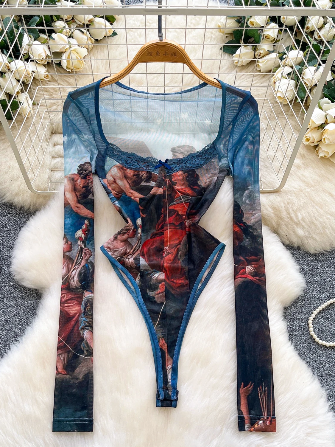 

Комбинезон с кружевным принтом и длинными рукавами Pure Desire, базовая рубашка с квадратным воротником, женская модная одежда для офиса, шорты с высокой талией