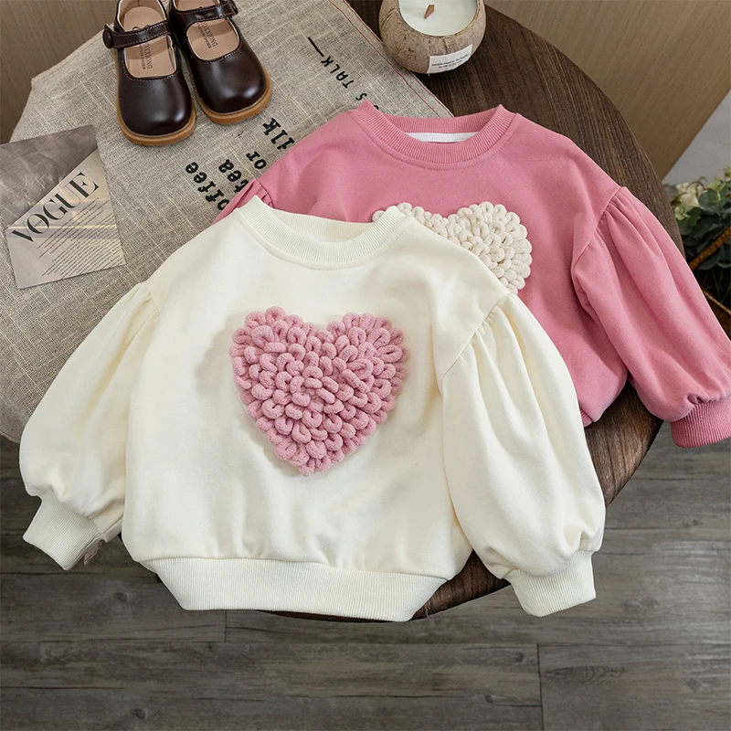 2024 Autumn Long Sleeve Tops 1-6Age Girls 3D Love Sweatshirt Children Fashion Casual O-neck Tops Kids Cotton Solid Color Hoodies