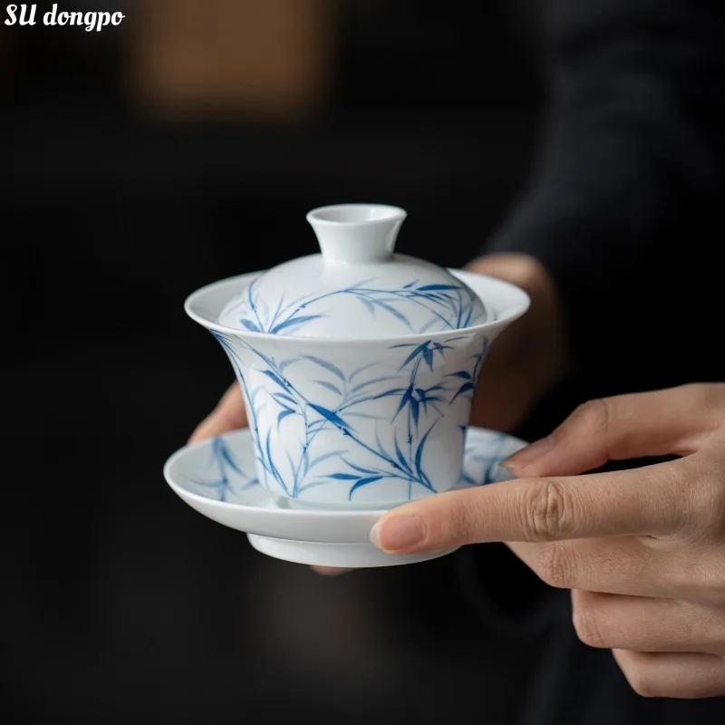 

Ручная роспись голубой бамбук Gaiwan с крышкой и чайным подносом белая фарфоровая большая чайная утварь Высококачественная чаша с крышкой кунг-фу