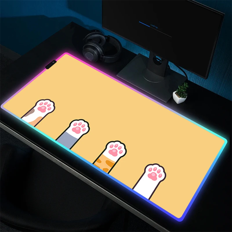 Коврик для мыши Kawaii в виде кошачьей лапы, RGB коврик для мыши, большой игровой коврик для мыши, геймерский резиновый коврик для компьютерного стола, игровые коврики для клавиатуры с фиксируемыми краями