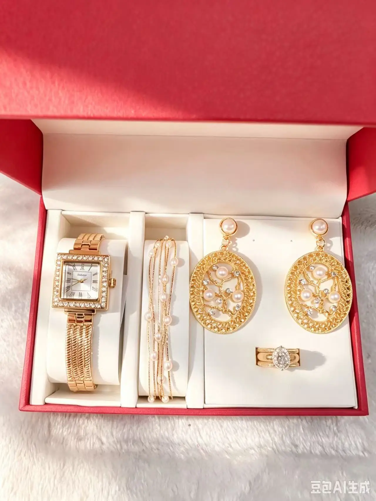 Gift Set (1) Women's Quartz Watch+Necklace+Earrings+Ring+Gift Box, Holiday Birthday Gift