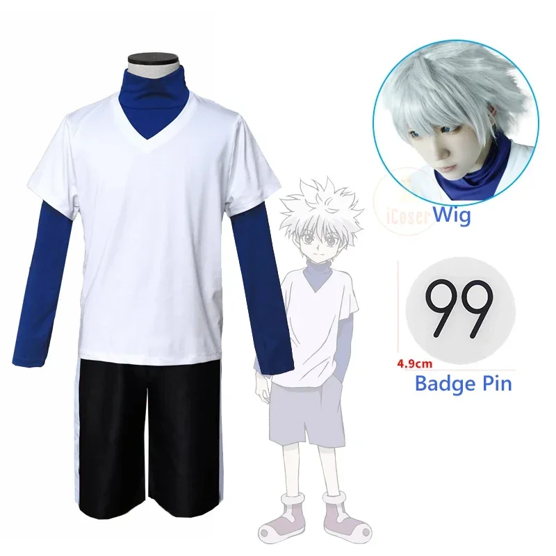 

Hunter x Hunter Killua Zoldyck Cosplay Costume Number 99 Badge Halloween Christmas Party Cosplay Suit Shirt Short White Wig