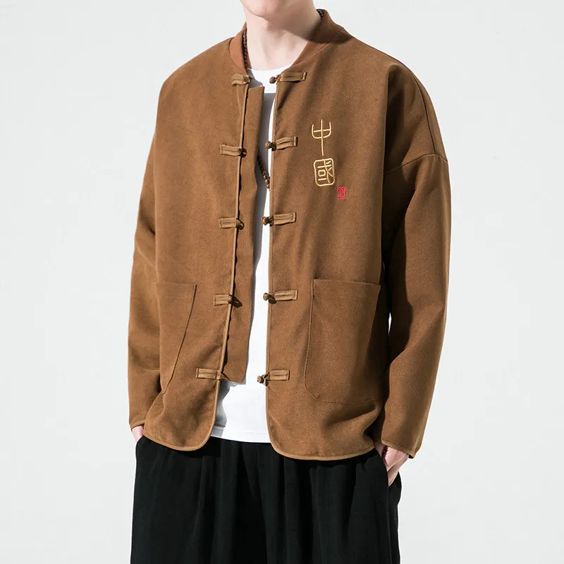 Jacket Autumn Chinese Style Retro Traditional Stand-up Collar Slanted Hanfu Shirts Men Loose Tang Kung Fu Tai Chi Jacket Men Top