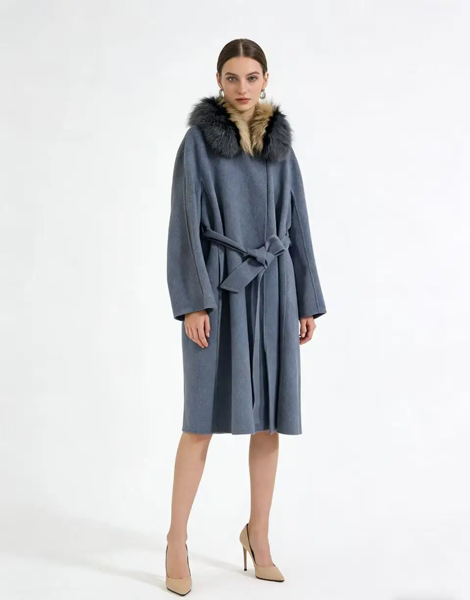 

New Arrival Blue Wool Coat with Detachable Fox Fur Collar Large Size 2025 Fashionable Woolen Jacket
