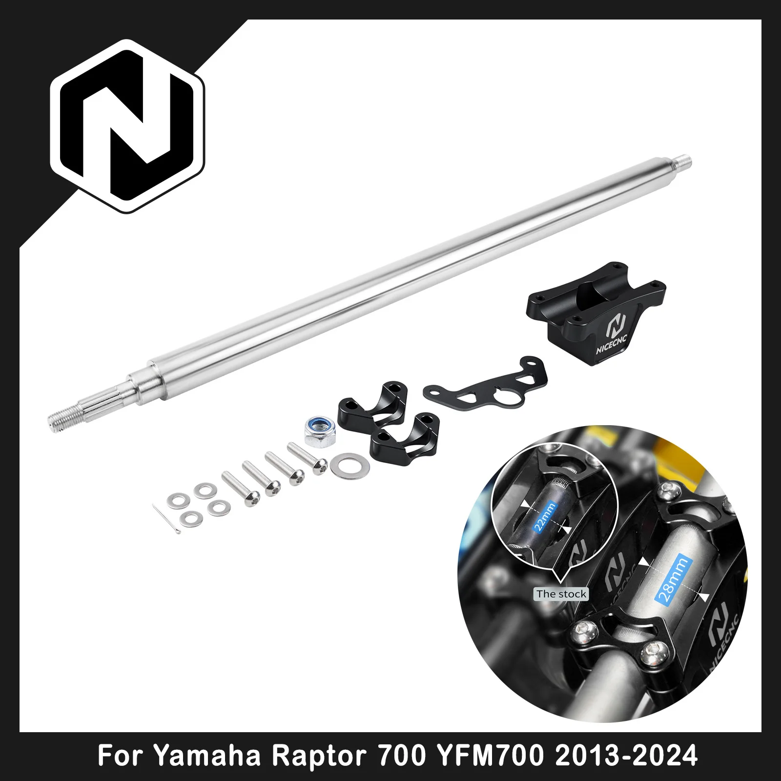 

For Yamaha Raptor 700 700R 2013-2024 Steering Stem Shaft 50mm Riser Kit NICECNC 28mm Handlebar Steel & Aluminum Steering Column