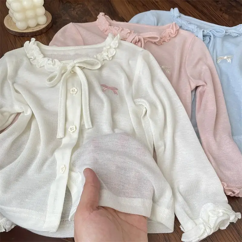 Girls Bow Embroidery Lightweight Open Front Cardigan Solid Color Ruffle Lace Spring Summer Cover Up