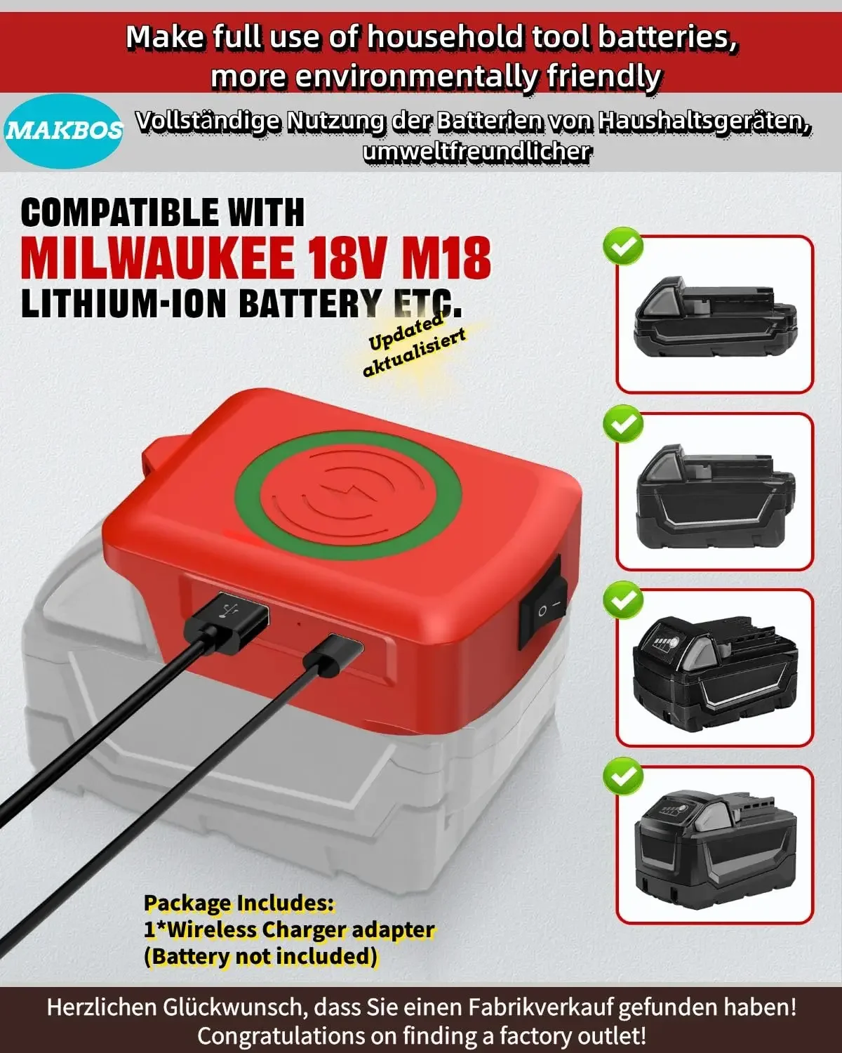 Cordless Phone Charger Adapter with USB and Type-C Charging Port for Milwaukee 18V M18 Battery for Camping Travel Outdoor Work