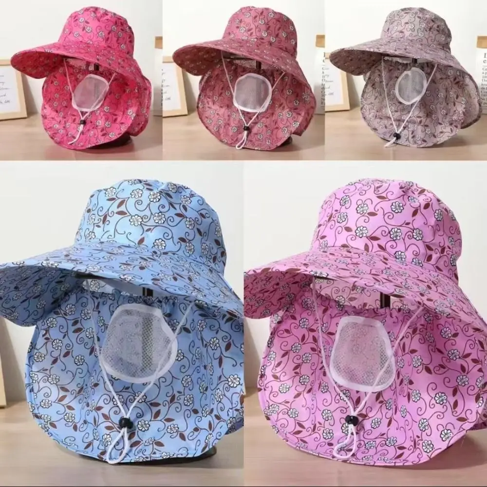 

Breathable Mesh Tea Picking Hat Face Mask Sun Protection Sunshade Shawl Cap UV Protection Printing Wide Brim Sun Hat Summer