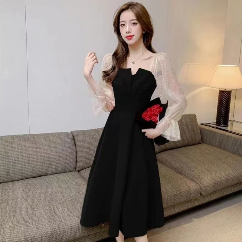 Malha estilo coreano emenda lantejoulas vestido feminino designer casual juventude elegante luxo de uma peça barato vestidos de manga longa femininos