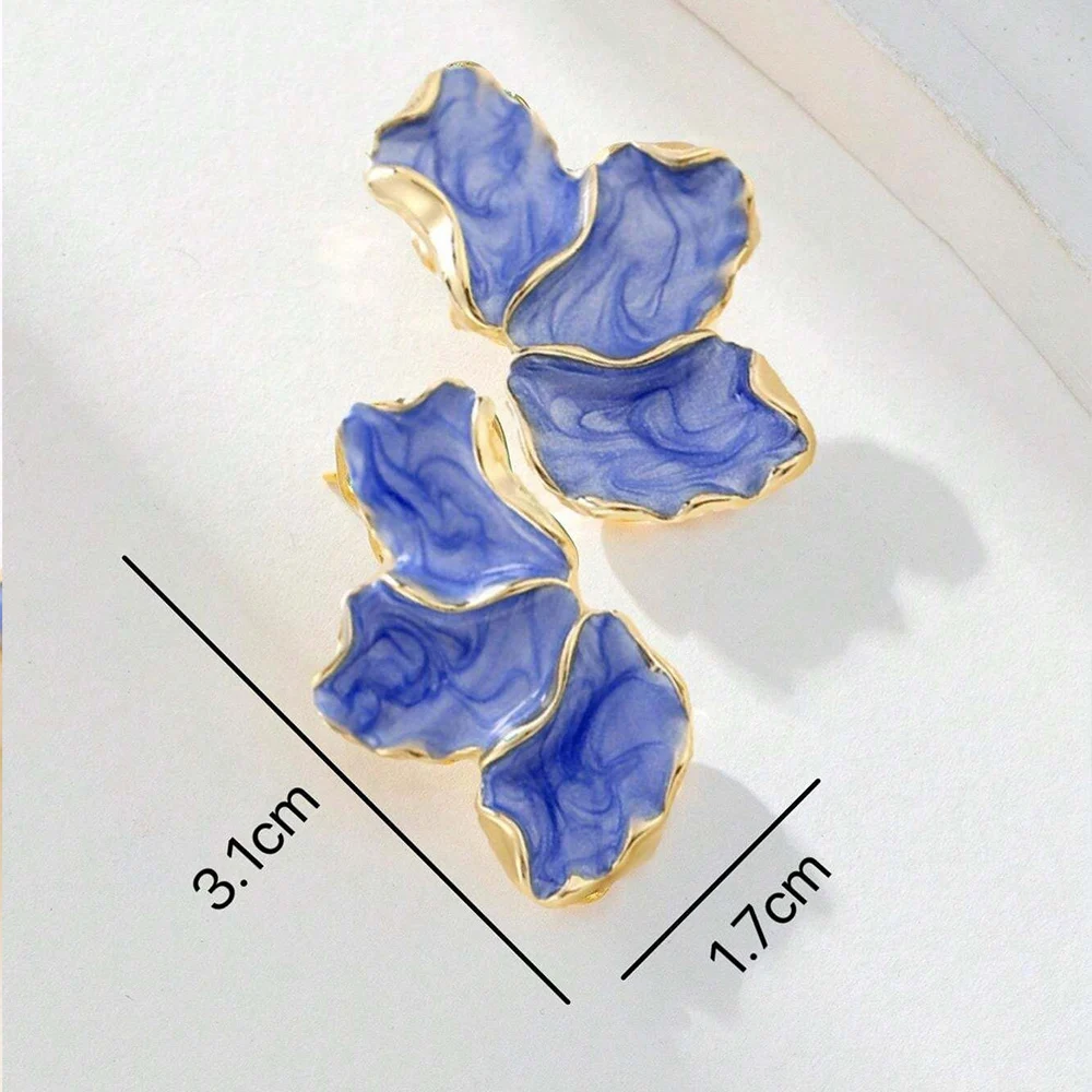 Metal Flower Cream Blue Epoxy Earring Stud Women Fashion Gold Color Irregular Post Earrings Heavy Design Statement Earrings