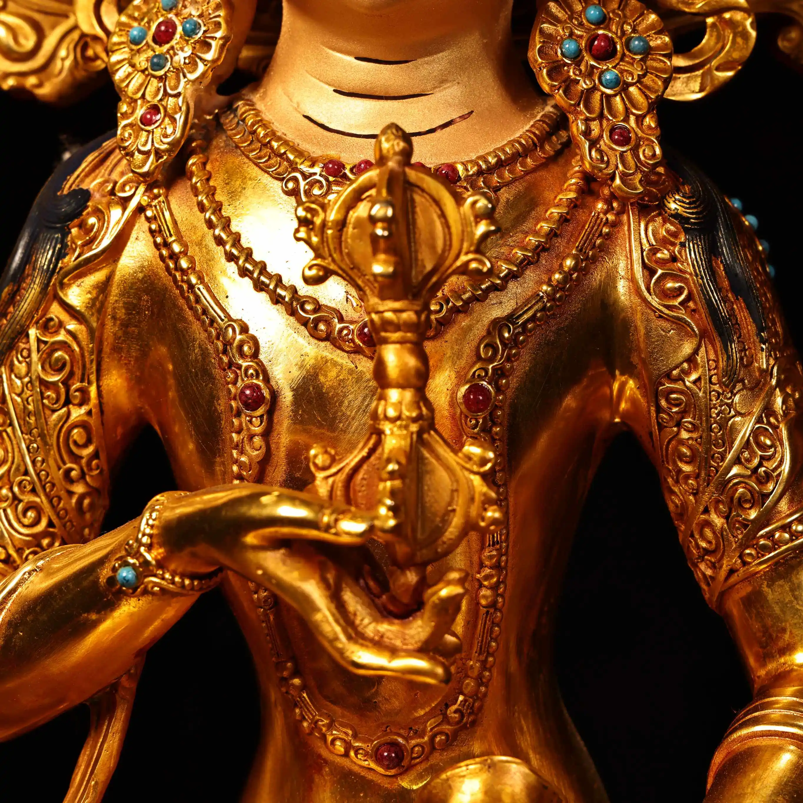 Copper Gilt Tibetan Vajrasattva Buddha Statue Serene Face Heavy Patina Fine Craftsmanship