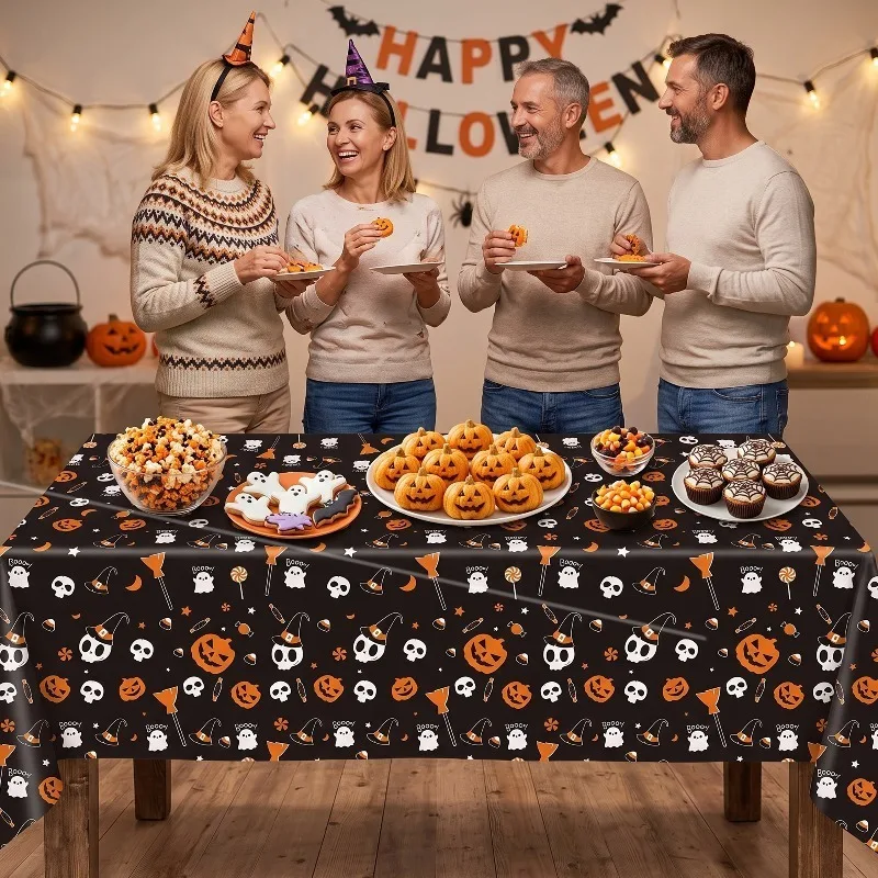 1/3Pcs Halloween Rectangular Foil Table Cover Waterproof Dual Size 54x72/54x108 Inch Black Orange Holiday Desktop Ornaments