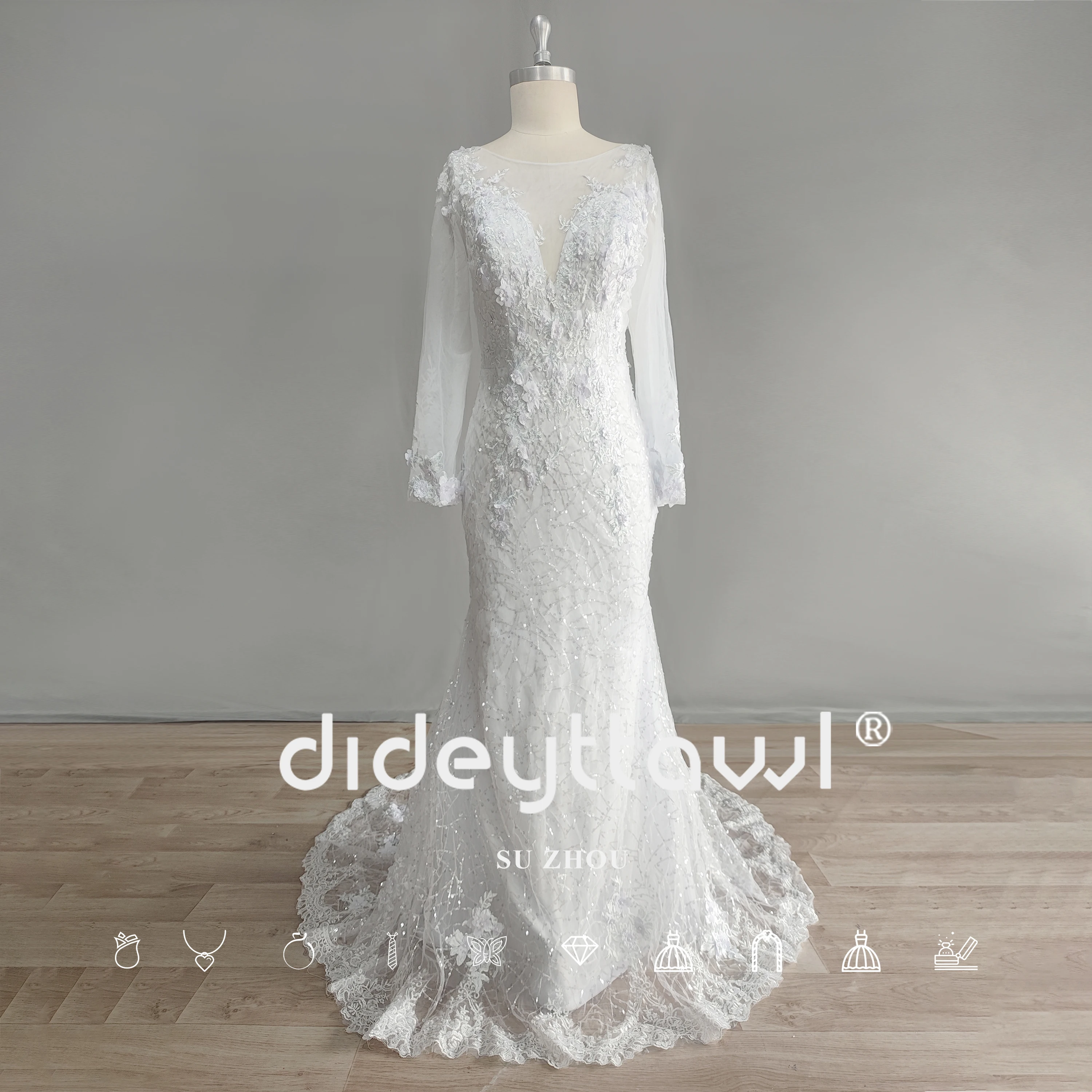 DIDEYTTAWL Real Picture Sparkly Long Sleeves Mermaid Wedding Gown Lace Beading Backless Tulle Bridal Dress Custom Made