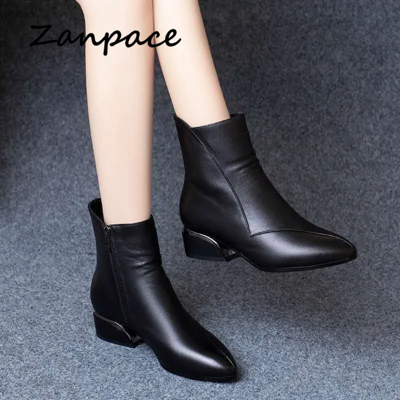 ZANPACE 2022 Fashion Winter Women's High Boots Keep Warm Pointed Toe Leather Women Shoes Plus Velvet Platform Women Ankle Boots