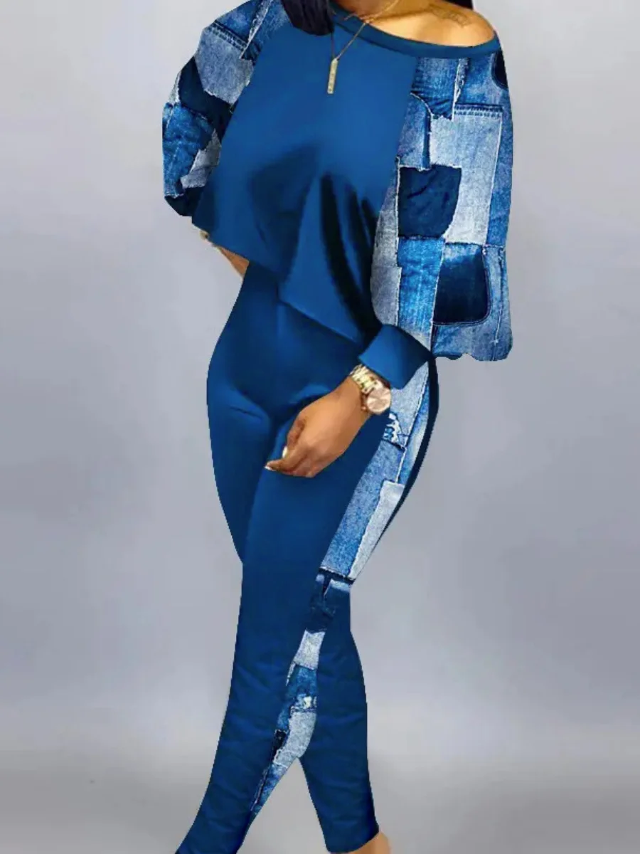 

LW New Women's Suit Lantern Sleeve Crop Top Patchwork Pants Set 2023 Fashion causal Trousers set Women's Suit Two-Piece Set