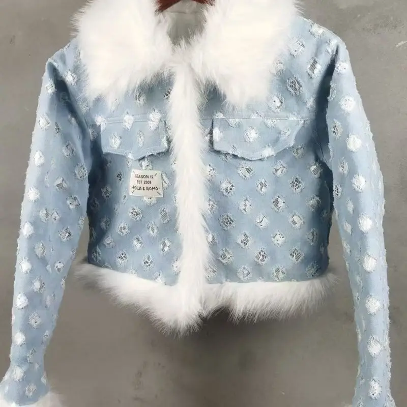 

Women Quilted Denim Jacket short autumn retro thick Faux fox fur Collar cotton Inner Jeans Parka Coat Cowboy Holes Cardigan Tops