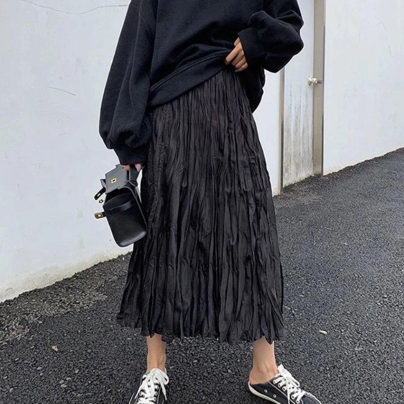 Midi Skirts Women Folds Baggy Summer High Waisted Streetwear Fashion Temper Gothic Basic All-match Mujer Soft Faldas Largas 2023