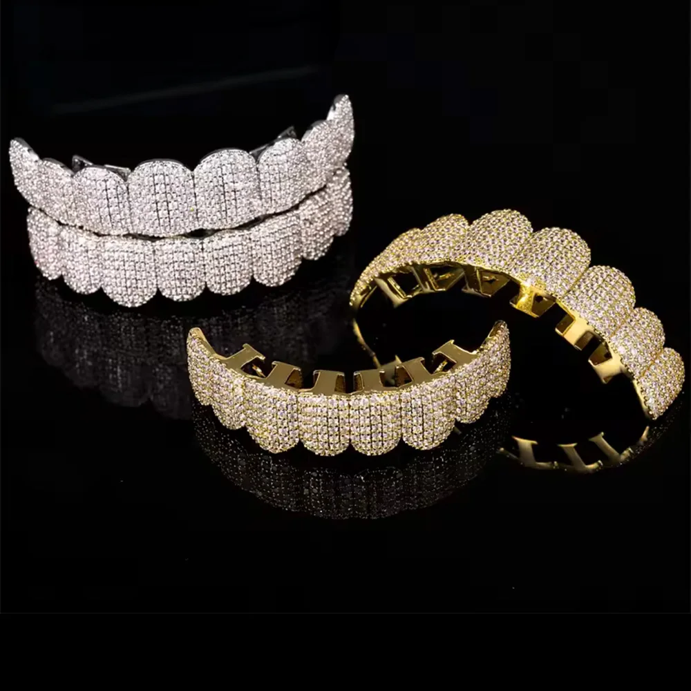 RACHELZ Hip Hop brillante circonita cúbica dientes Grillz conjunto superior inferior boca completa CZ piedra parrillas dentales mujeres hombres joyería ostentosa
