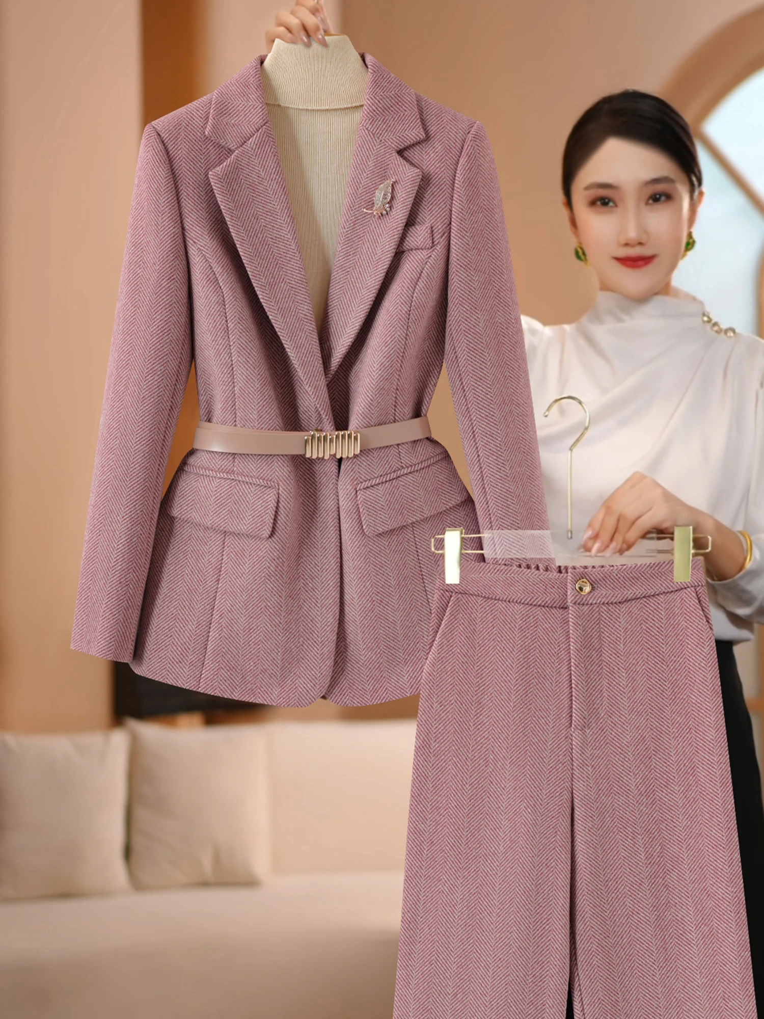 Pink Suit Set Women's High-End Profional Faion Slimming Outerwear Two-Piece Set Busin Sle for Interviews Autumn Winter