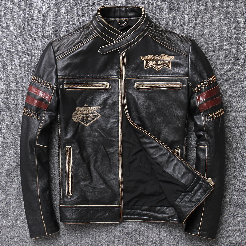 

2025 Men's Motorcycle Biker Jacket Genuine Cowhide Leather Jacket Men's Black Slim Leather Jacket Male Vintage Coat