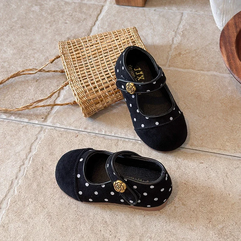 Toddler Girls Retro Polka‑Dot Color‑Block Mary‑Jane Flat Shoes, Gold‑Decor Magic‑Tape Soft Baby Princess Dress Shoes